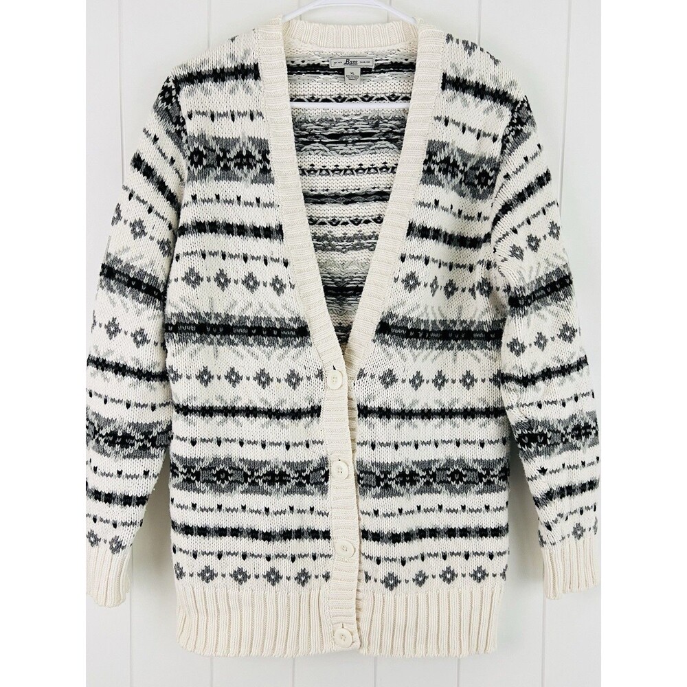 Bass White Gray Fair Isle Scandi Cardigan Sweater Nordic Knitted Stretchy Sz XL